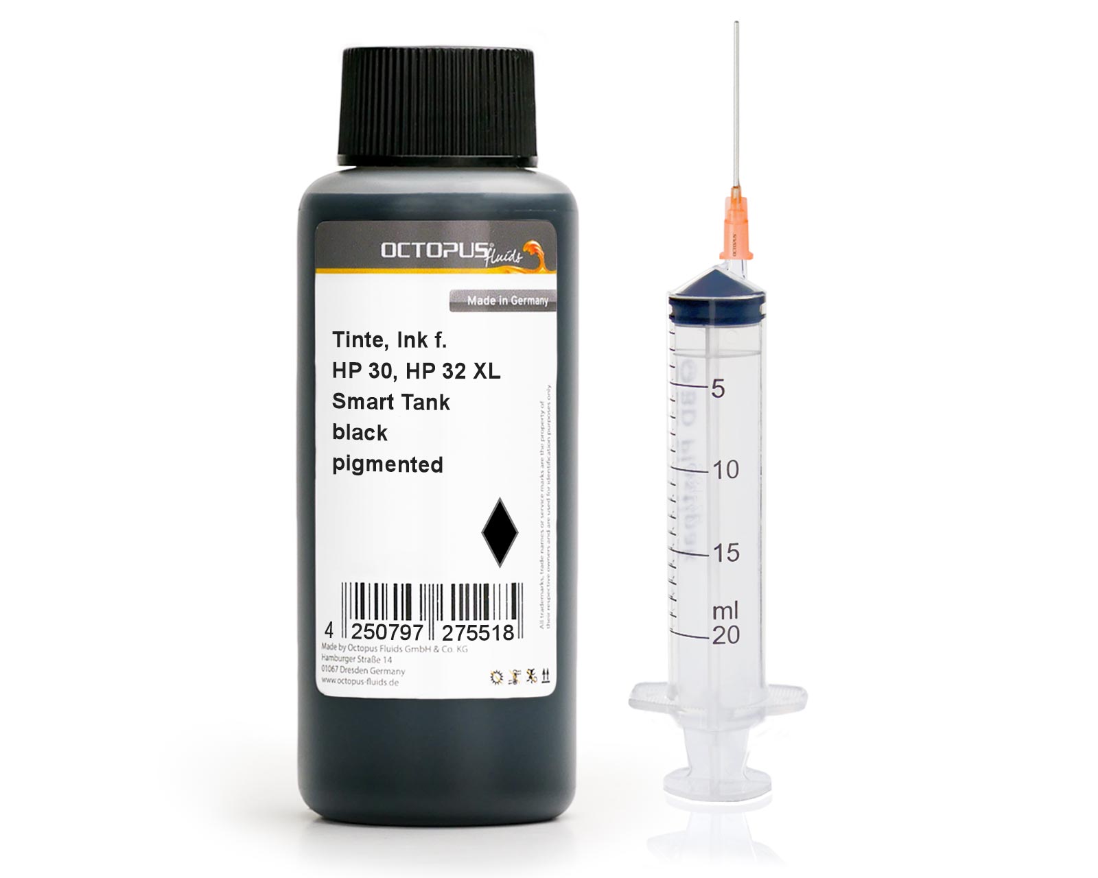 Refill ink for HP 30, 32, Smart Tank, black pigmented with syringe