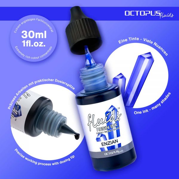 Octopus Fluids Resin Ink ENZIAN, alcohol ink per resina epossidica e resina UV, resina colori 30 ml, blu