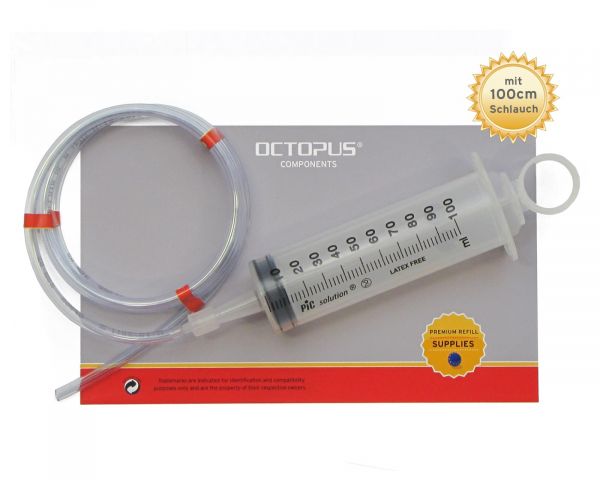 Plastikspritze 100 ml mit 100 cm PVC-Schlauch und 1 Paar Vinyl-Handschuhe