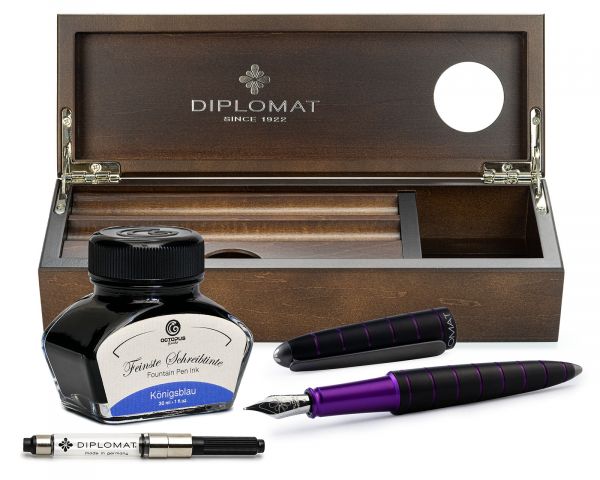 Set di penne stilografiche Diplomat Elox Ring nero-viola con inchiostro da scrittura e astuccio in legno di wengé
