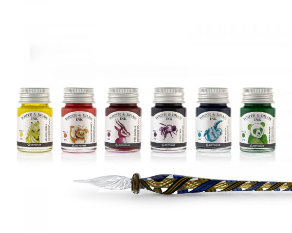 Set di Scrittura con Penna in Vetro Fatto a Mano e 6 Inchiostri Write & Draw Impermeabili