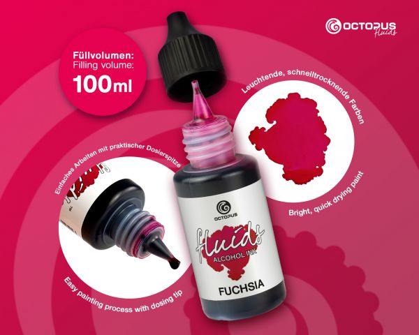 100 ml Octopus Fluids Fluids Alcohol Ink FUCHSIA, Inchiostro ad alcohol per Fluid Art e Resin Art, rosa