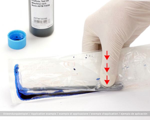 Prüftinte, Testtinte Blau nach Norm ASTM F3039 mit Pipetten