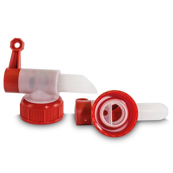 Zapfhahn, Auslaufhahn für Kanister mit 45mm Öffnung, rot, natur