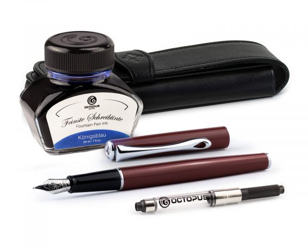 Penna stilografica Diplomat Traveller Dark Red con inchiostro per stilografica in blu reale e astuccio in vera pelle, M-nib in acciaio inox