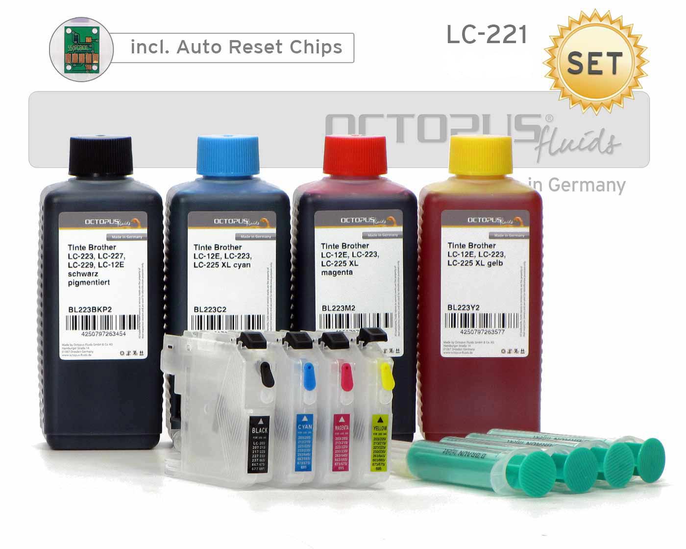 Set of refillable cartridges compatible with Brother LC-221 with chips and ink