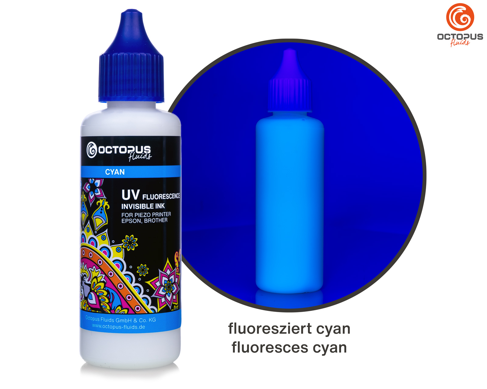UV fluoreszierende, unsichtbare Tinte für Piezo Drucker Epson und Brother, cyan