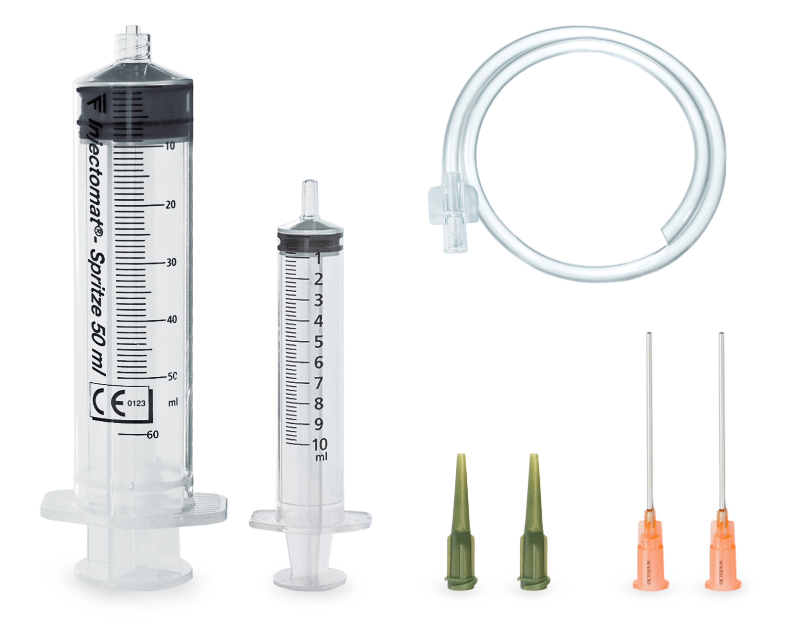 Spritzenset - 60ml + 10ml Softmatik Luer Spritze mit stumpfer 40mm Nadel,  2x Dosierspitze und 1x Dosierschlauch