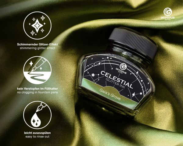 Celestial Glitter, Gaia’s Grove, Shimmer Fountain Pen Ink, Green with green shimmer, 30 ml