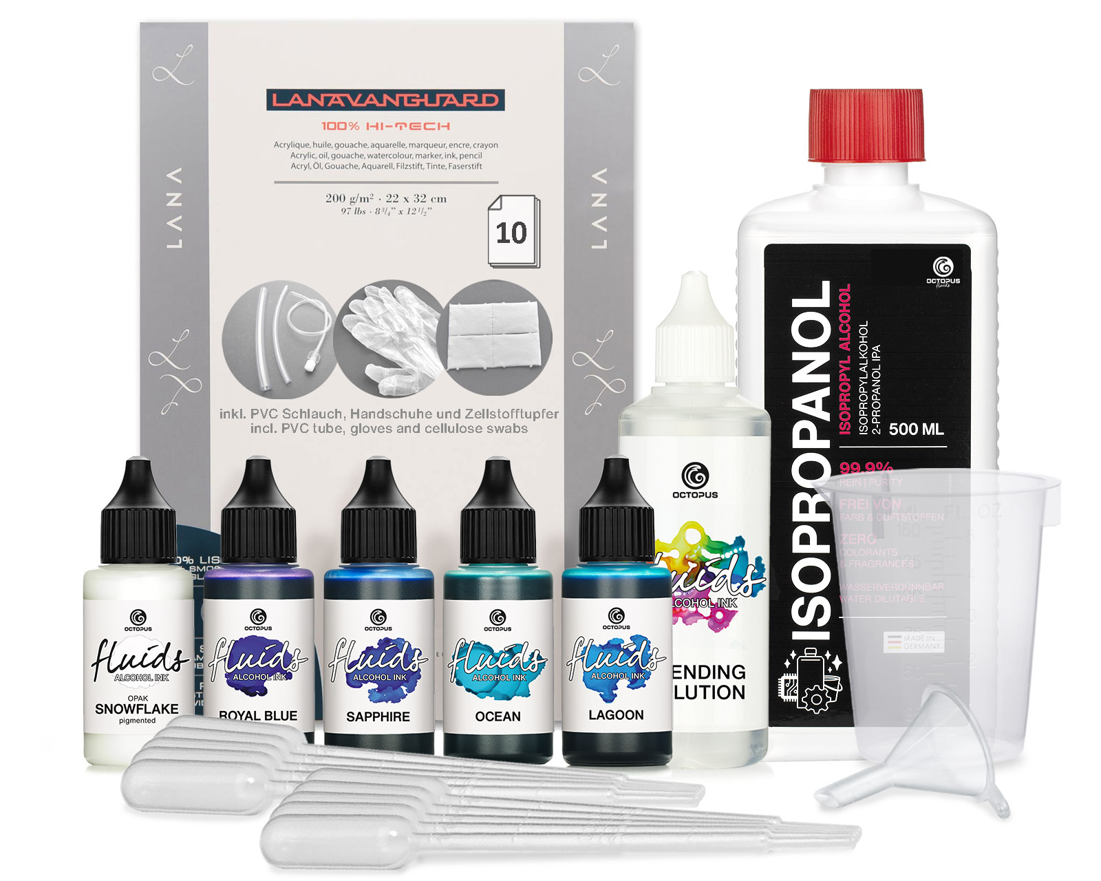 Octopus Fluids Alcohol Ink Complete Kit BREEZE with Blending Solution, Alcohol Ink Paper and accessoreies for fluid art, 5 x 30 ml