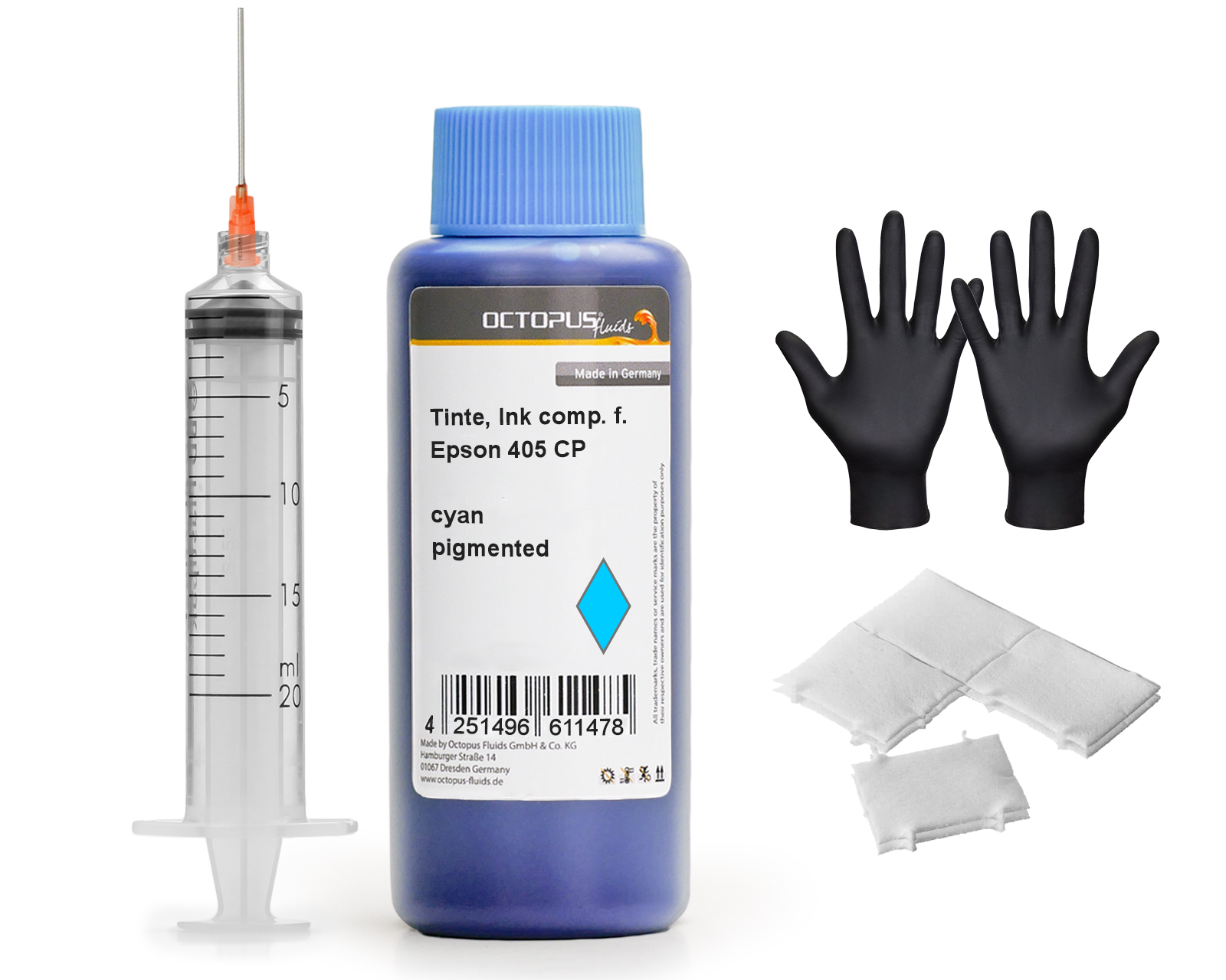 Nachfülltinte für Epson 405 Tintenpatronen, cyan pigmentiert mit Spritze