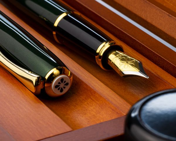 Set stilografica Diplomat Excellence A2 Evergreen Gold con inchiostro per stilografica in blu reale in una scatola di legno pregiato di alta qualità, campi in acciaio inox M