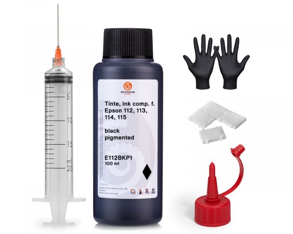 Nachfülltinte Epson E112, E113, E114, E115 Tintentank, EcoTank L 5150 black pigm. mit Spritze