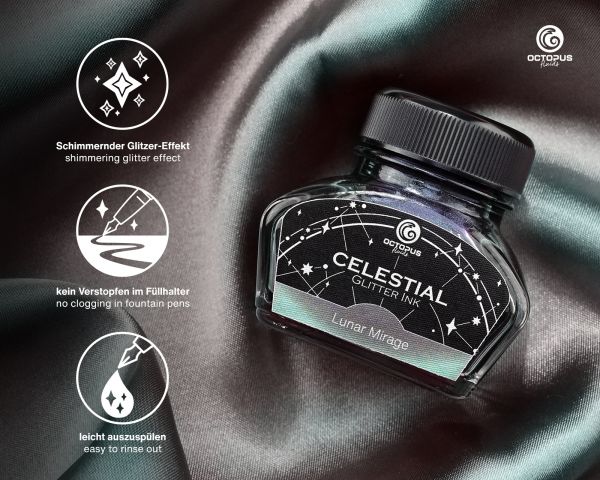 Celestial Glitter, Lunar Mirage, Shimmer Fountain Pen Ink, Grey with green shimmer, 30 ml