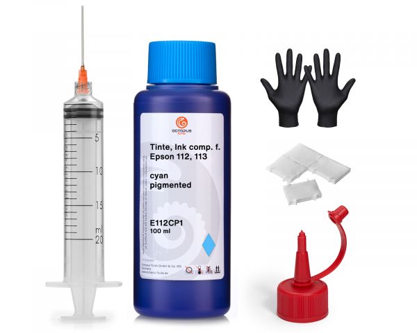 Nachfülltinte für Epson E112, E113 EcoTank L 5150 cyan pigmentiert mit Spritze