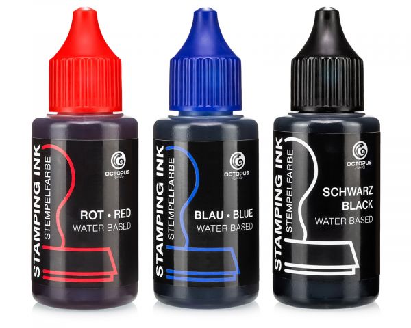 Inchiostro per timbri Octopus per tamponi e autoinchiostri senza olio, nero, blu, rosso, 3x 30 ml