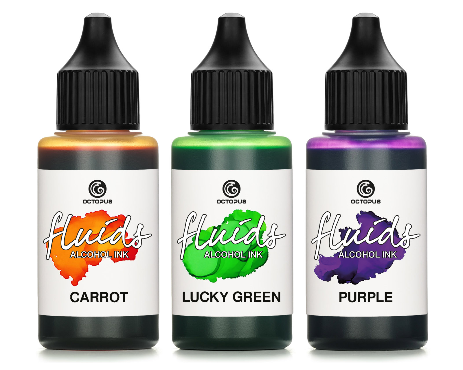 3x 30ml Octopus Fluids Alcohol Ink Set CARROT, LUCKY GREEN, PURPLE for fluid art and resin, epoxy