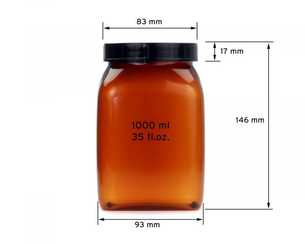 4x tazze da 1000 ml a collo largo con tappo a vite da 80 mm, marrone trasparente, rettangolare