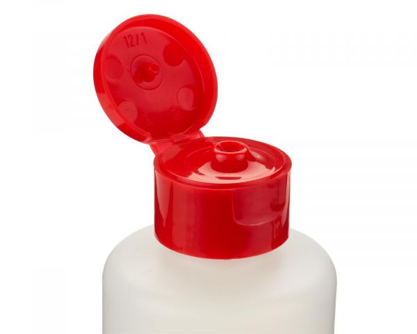 6 x 250 ml HDPE plastic bottles with colorful (2x black, white, red each) turn-up lid caps