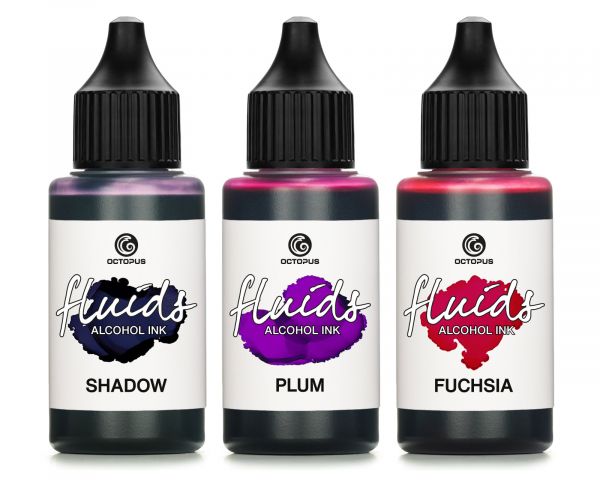 3x 30ml Octopus Fluids Alcohol Ink Set SHADOW, PLUM, FUCHSIA for fluid art and resin, epoxy