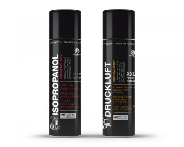 Set di pulizia OCTOPUS, spray ad aria compressa con tubo flessibile e spray all'isopropanolo 99,9%