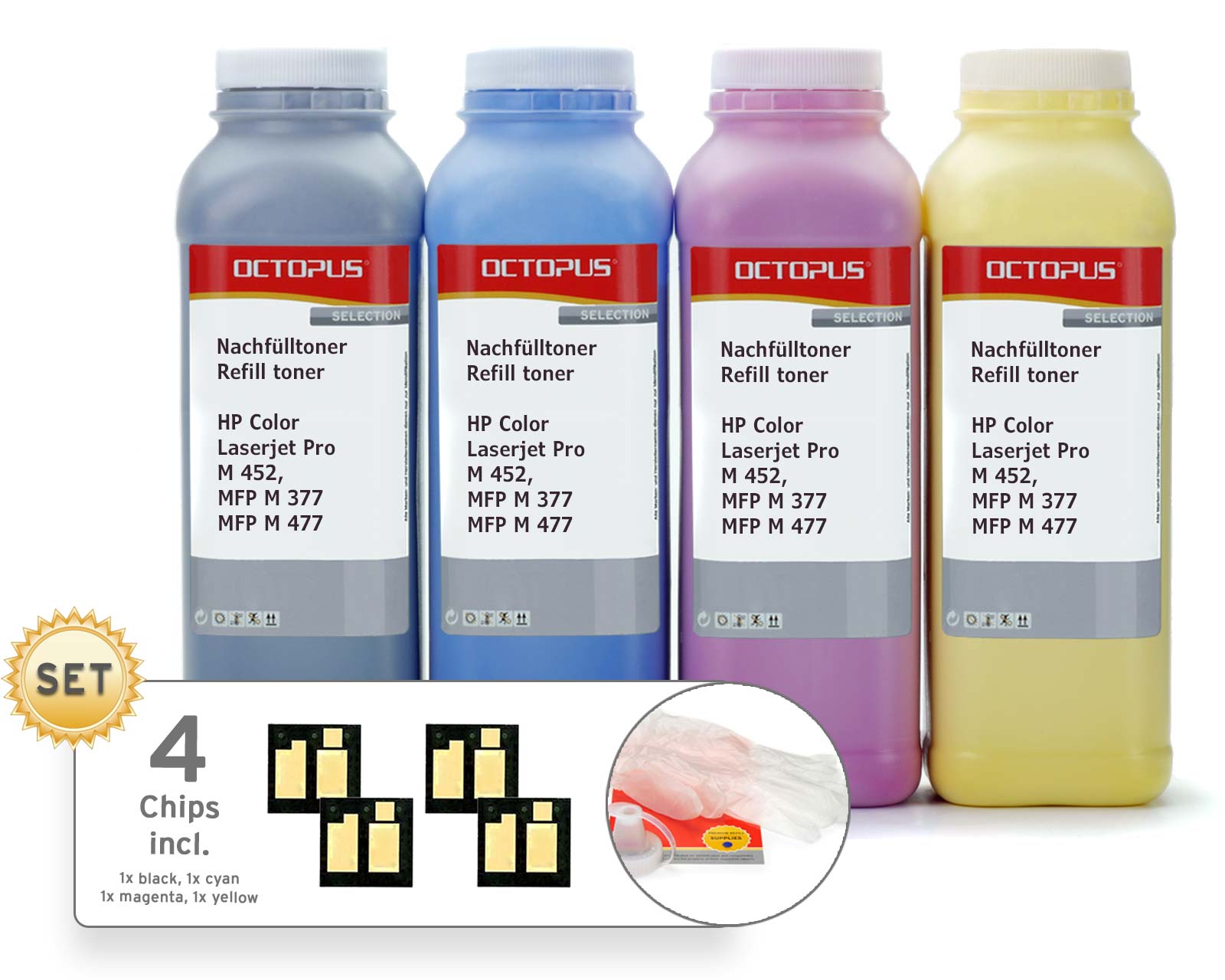 Refill toner set with chips for HP Color Laserjet Pro M 452, MFP M 377 and MFP M 477, black, cyan, magenta, yellow