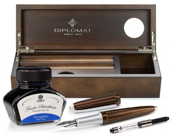 Set di penne stilografiche Diplomat Aero Marrakesh con inchiostro da scrittura e astuccio in legno di wengé