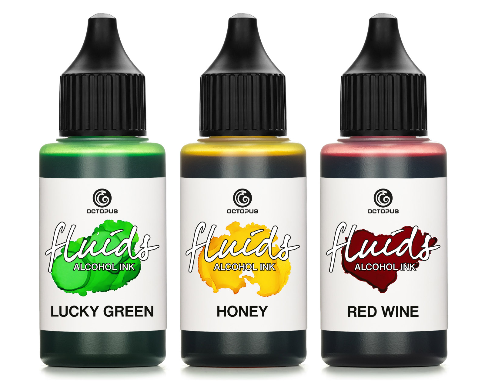 3x 30ml Octopus Fluids Alcohol Ink Set LUCKY GREEN, HONEY, RED WINE, Inchiostro ad alcohol per Fluid Art e Resin Art