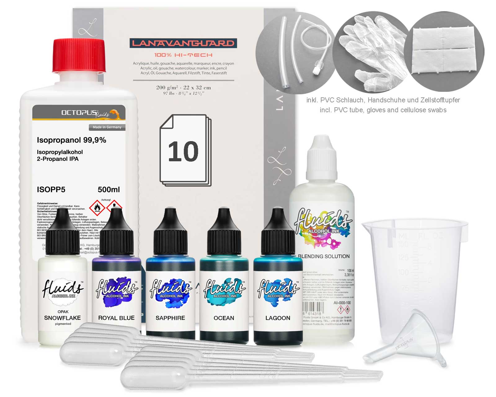 5 x 30ml Octopus Fluids Alcohol Ink Starter Komplett Set BREEZE mit Zubehör Alkoholtinte für Fluid A 5 x 30ml Octopus Fluids Alcohol Ink Starter Komplett Set BREEZE mit Zubehör Alkoholtinte für Fluid A