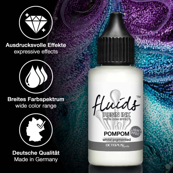 Octopus Fluids Resin Ink POMPOM, Alcohol Ink für Epoxidharz PETRI DISH EFFECT Light, weiß