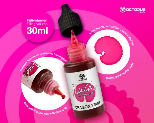 Octopus Fluids Alcohol Ink Dragon Fruit, Inchiostro ad alcohol per Fluid Art, argilla polimerica e Resin Art, rosso