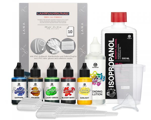 Octopus Fluids Alcohol Ink Complete Kit CIRCLE with Blending Solution, Alcohol Ink Paper and supplies for fluid art, 5 x 30 ml