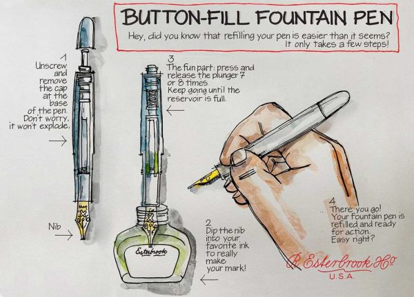 Esterbrook Estie Nouveau Blue Gold Trim Button Fill Stilografica a Pistone