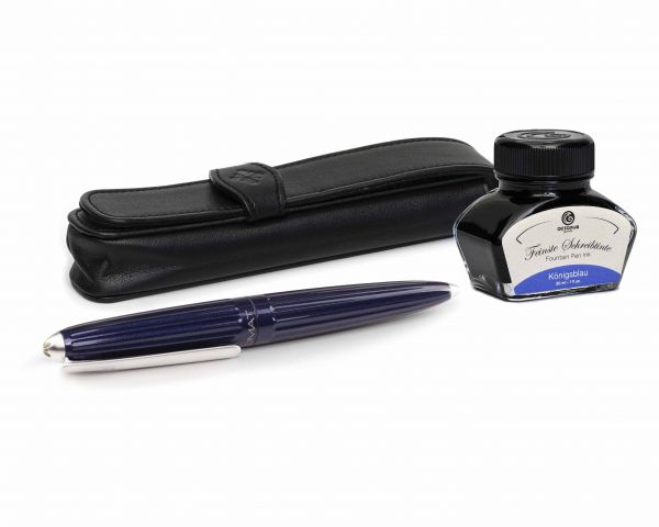 Set di penne stilografiche Diplomat Aero Midnight Blue con astuccio in pelle e inchiostro, misura M