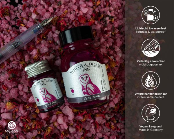 Write and Draw Ink 397 Pink Owl, waterproof drawing ink for fountain pens, 50ml