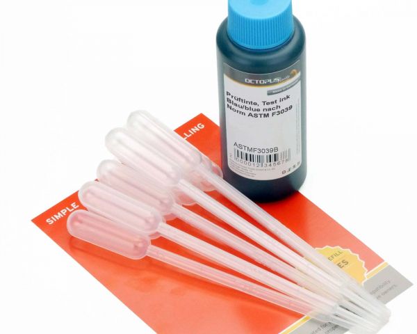 Prüftinte, Testtinte Blau nach Norm ASTM F3039 mit Pipetten
