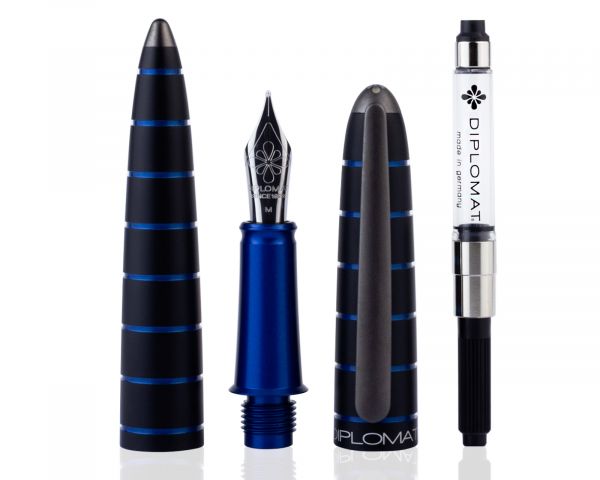 Set di penne stilografiche Diplomat Elox Ring nero-blu con inchiostro da scrittura e astuccio in legno di wengé