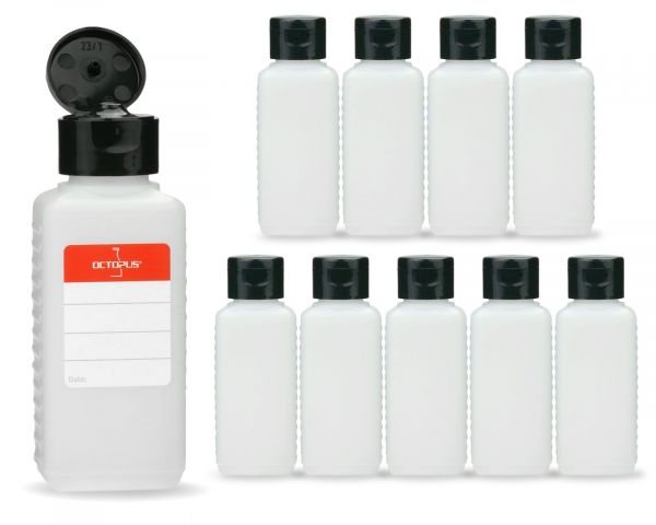 10 x 100 ml HDPE plastic bottles with black turn-up lid caps