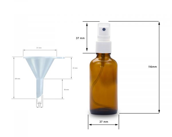 5 x 50 ml Braunglasflaschen mit Fingerzerstäuber + Trichter