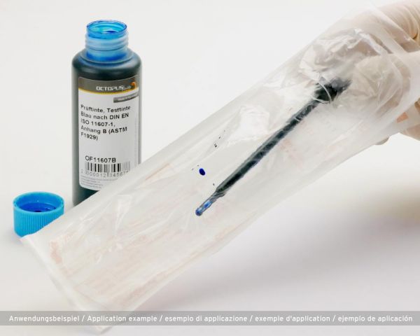 Prüftinte, Testtinte Blau nach DIN EN ISO 11607-1, Anhang B (ASTM F1929) mit Pipetten