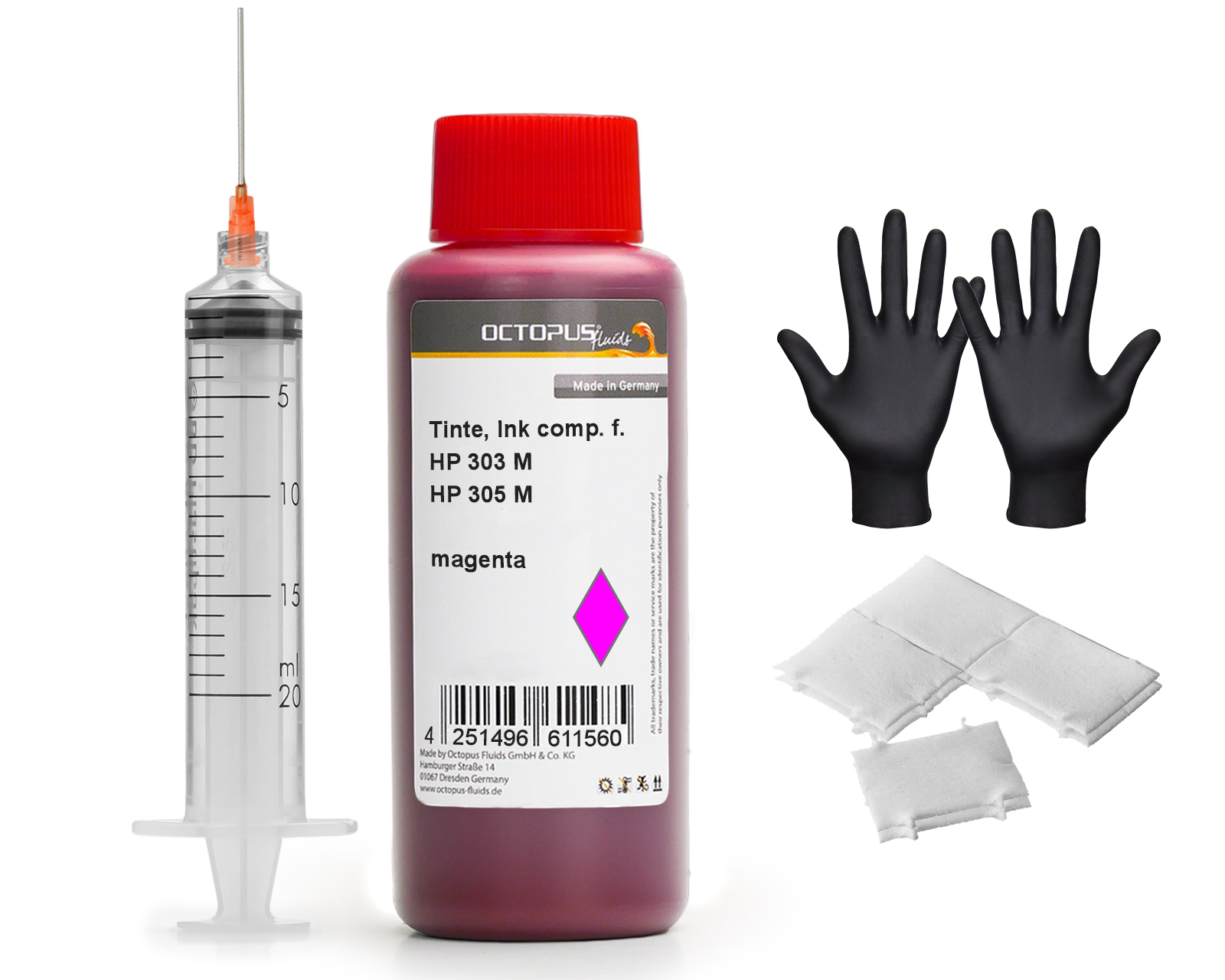 Refill ink for HP 303 and HP 305 ink, magenta with syringe