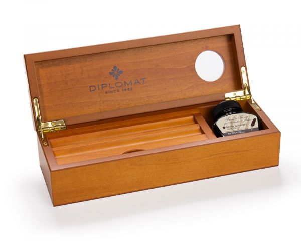 DIPLOMAT elegante scatola in legno di ciliegio per stilografica con vetro d'inchiostro