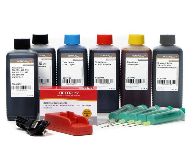 Set with chip resetter for Canon PGI-550, CLI-551 inkjet cartridges and 6x refill ink with gray