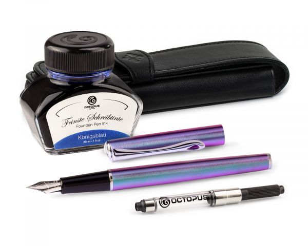 Set di penne stilografiche Diplomat Traveller Funky Petrol con astuccio in pelle, inchiostro da scrittura e convertitore d'inchiostro, misura M